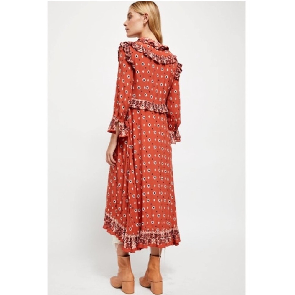 Free People Rust Boho Printed Ruffle Longline Duster - Picture 13 of 16